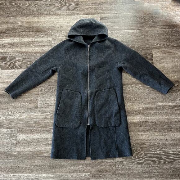 EUC Theory Double-Faced Wool Cashmere Hooded Duffle Coat Gray Longline Jacket L - Picture 2 of 16